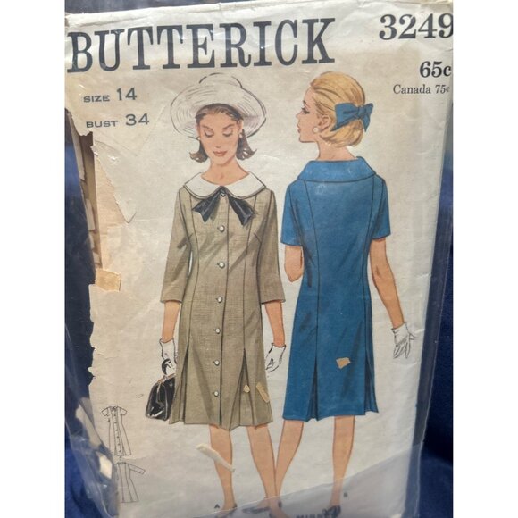 Peter Pan Collar Dress Sewing Pattern Mary Tyler Moore 1970s Butterick Cut 14 - Picture 1 of 5